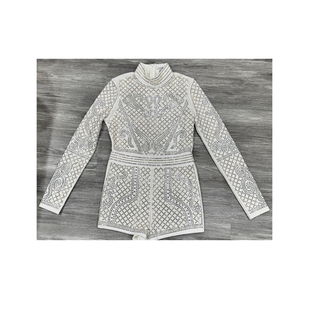 Elegant White Silver/Gold Rhinestone Beaded Romper with High Collar